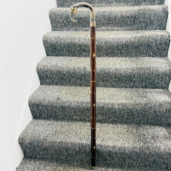 Antique Brass Handle Walking Stick, Brown Wooden Cane, Handmade Home Decor