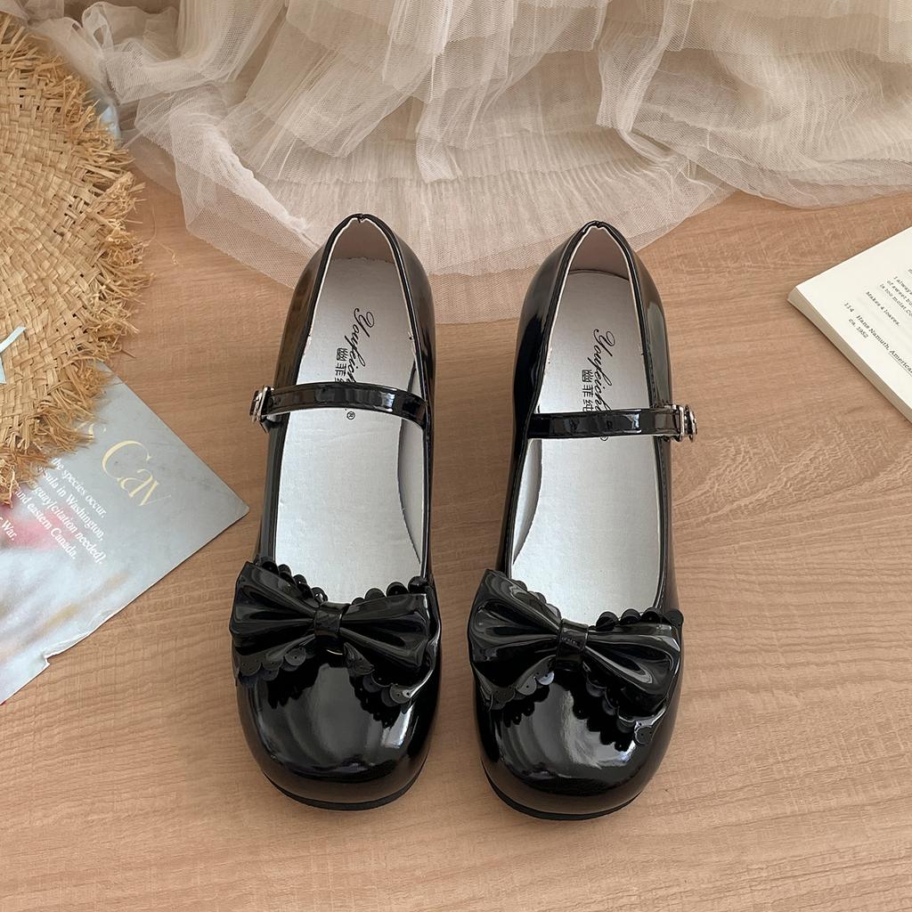 Mode Niedliche Schleife Damen Lolita Mary Jane Schuhe Prägnante Dicke Ferse Lederschuhe Damen Flache Pumps