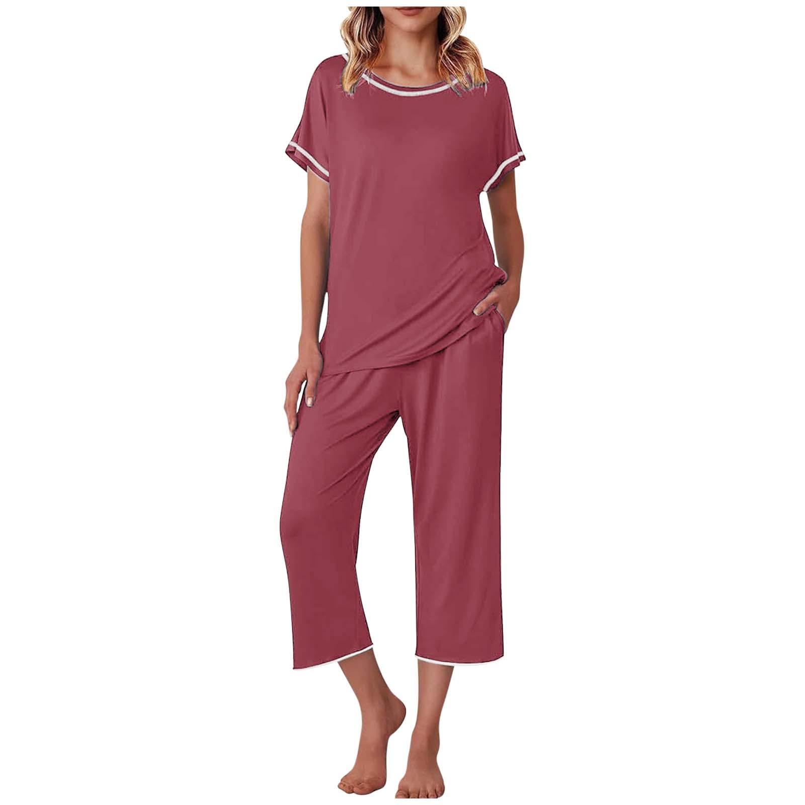 

Жіночий комплект Однотонна піжама з коротким рукавом Капрі Повсякденний комплект із двох предметів XL рожевий