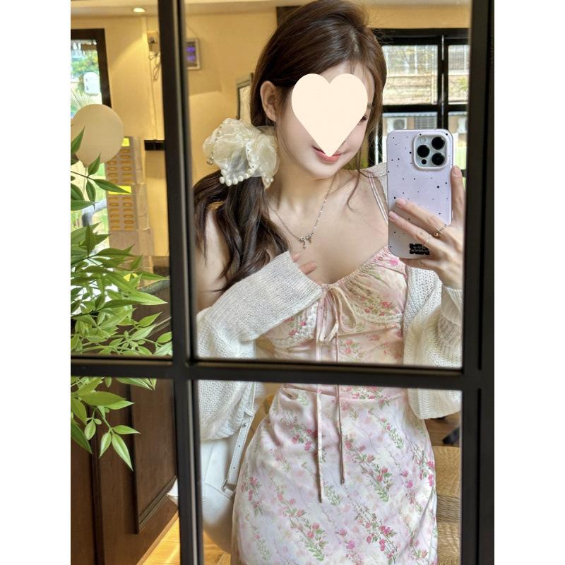 Pink new floral suspender dress, thin early spring beautiful lace vacation dress