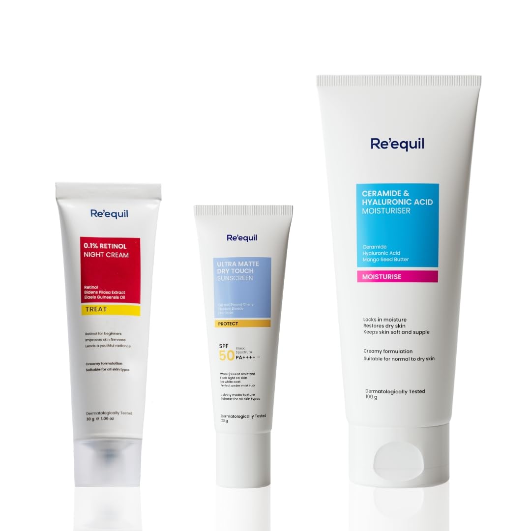 

RE EQUIL 50 Spf All The Retinol Starter Bundle (0.1% Retinol Night Cream 30Gm, Ultra Matte Sunscreen 20Gm, Ceramide & Hyaluronic Acid Moisturise