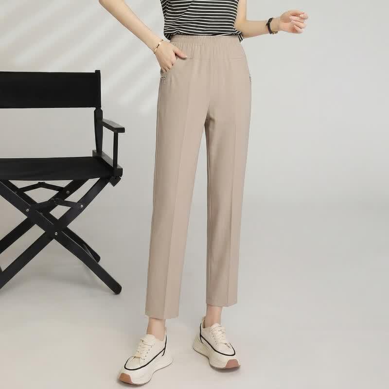 Damen Sommer High-Waist Elastische Gerade Bein Capri-Hosen