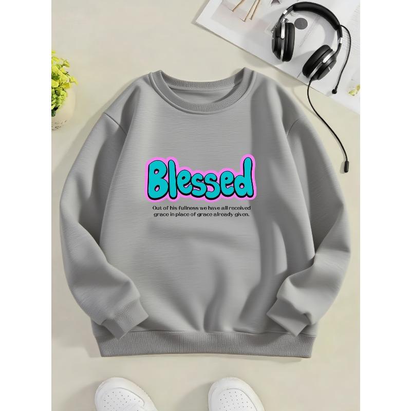 Kids Sweatshirt with Blessed Print & Verse - Faith Apparel, Casual Round Neck Winter for Church Events,Casual Attire - Warm Religious Clothing