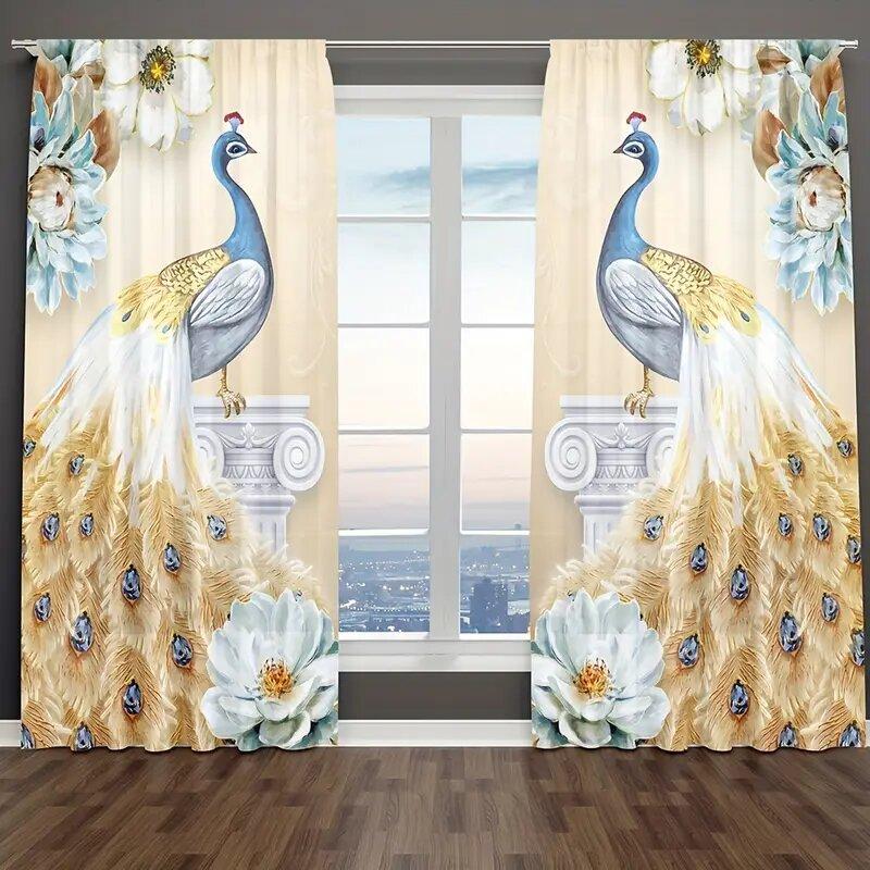 Elegant Noble Gold Blue Peacock Pattern Printed Curtains Window Decoration Home Room Curtain Polyester
