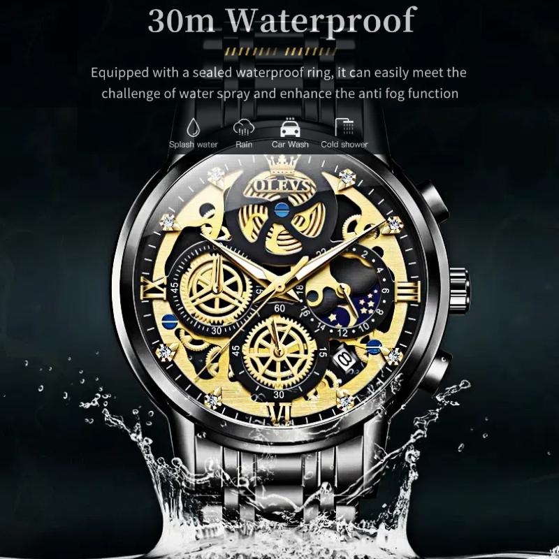Men's Waterproof Luminous Business Watch Multi Functional Diamond Inlaid Calendar Dial Chrono Phase Quartz Watch