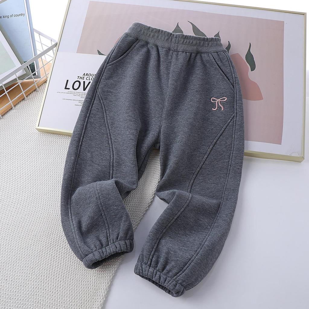 Winter 2025 Girls' Fleece-Lined Bowknot Sweatpants - Thick Casual Pants for Autumn/Winter