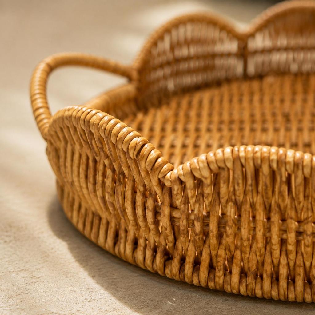 Lightweight Round Serving Tray | Woven with Handles, Decorative, Wicker