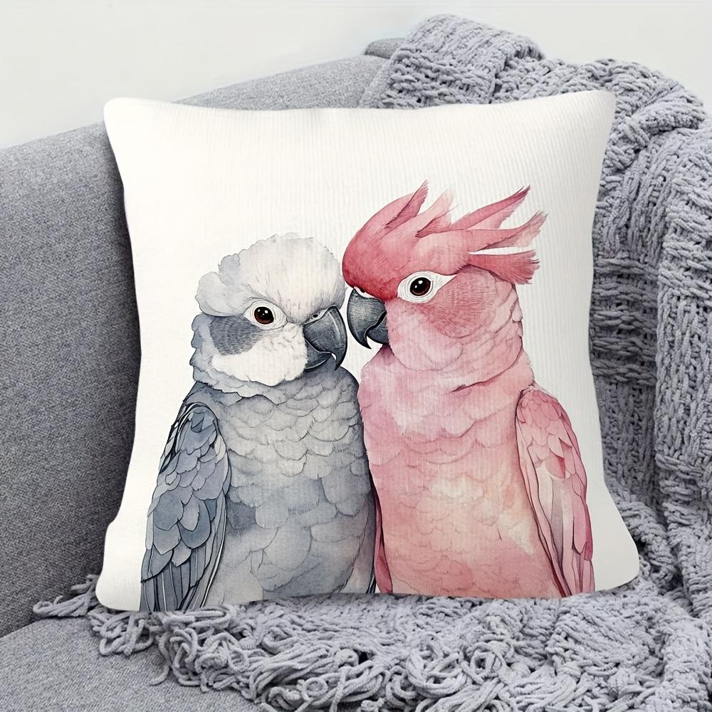 1Pc Of A Short Plush Decorative Pillow Cover Featuring A Pink And Grey Watercolor Design Of A Couple Of Galah Cockatoos, Printed