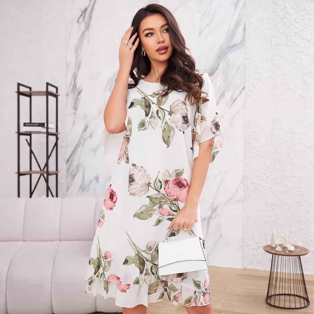 2026 Floral Short-sleeved Mid-length Dress for Women: European & American Style