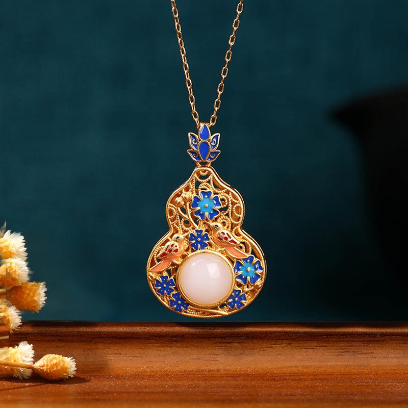 Китайское синее эмалевое ожерелье-тыква для женщин - Позолоченное с инкрустацией нефритом, в стиле Ханьфу Ципао Gold Plated