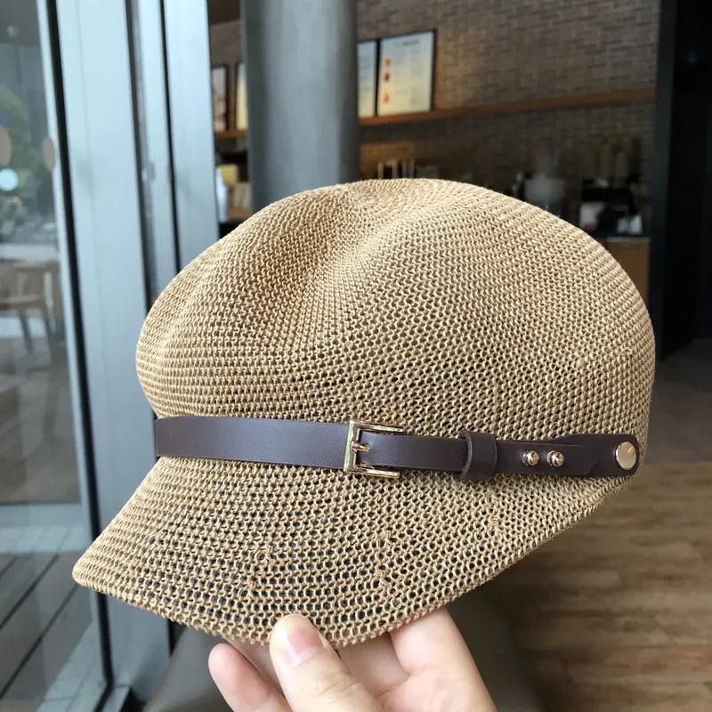 2025 Octagonal Cap Straw Women Summer Thin Newsboy Cap Painter Adjustable Rope Knitted Beret Mesh Breathable Beach straw hat