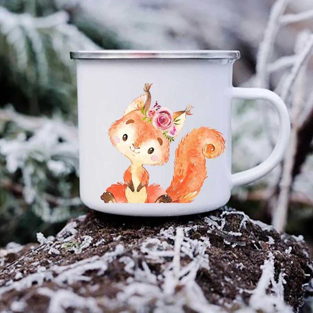 Cute Cartoon Animal Deer Raccoon Owl Print Mugs Creative Enamel Coffee Mugs Children Kids Breakfast Milk Dessert Cups Child Gift
