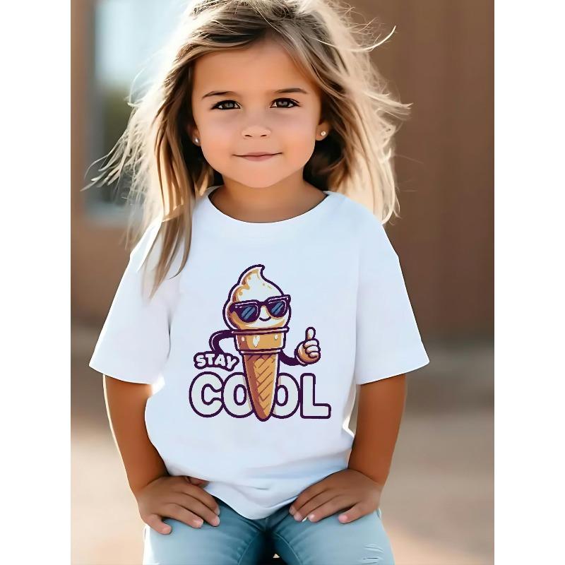 European sizes This Short-sleeved T-shirt for Girls Features a Fun Ice Cream Print with Fashion Glasses. It's Casual, Stylish, and Comfortable