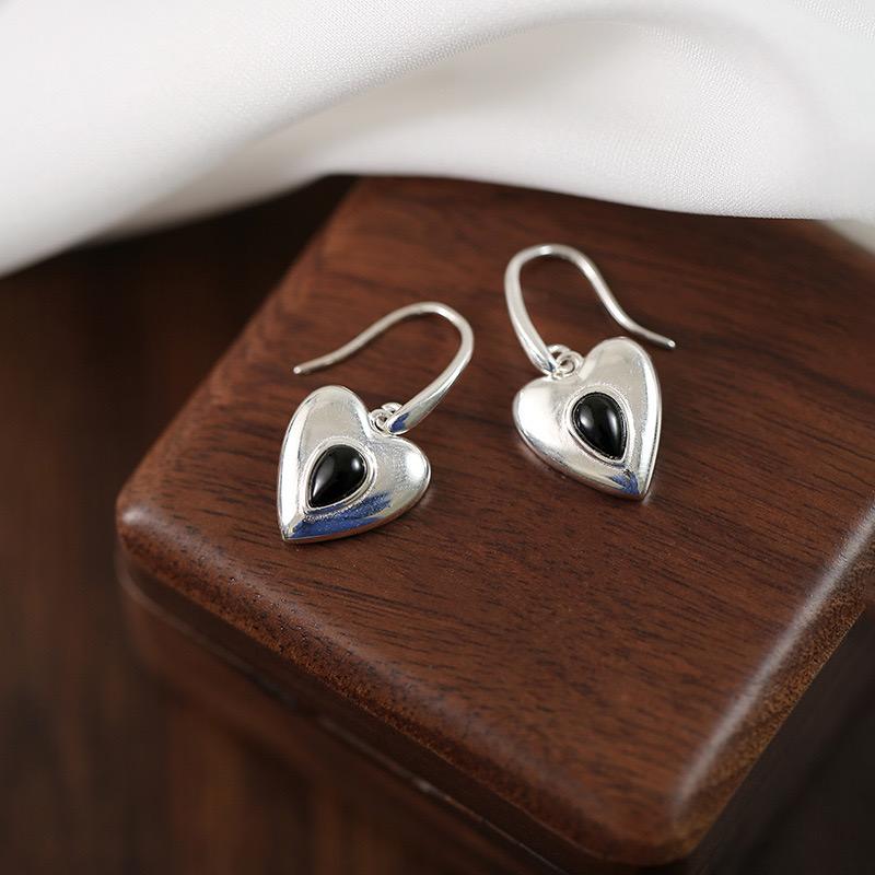 BF CLUB 925 Sterling Silver Heart Earrings For Women Trendy Simple Retro Black Earring Jewelry Prevent Allergy Party Accessories