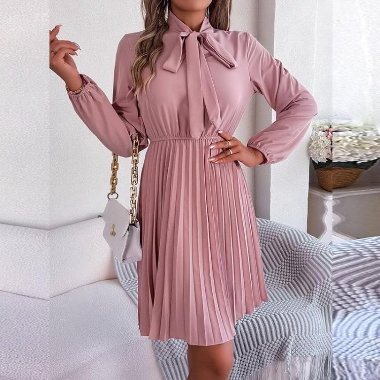 Elegant Høst Vinter Dame Snøring Høy Midje Langermet Plissert Ensfarget Kjole