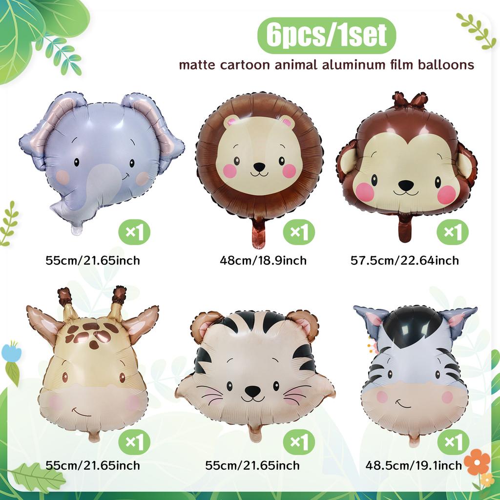 6pcs Cartoon Matte Animal Aluminum Film Balloon Tiger Lion Elephant Giraffe Balloon Forest Theme Party Birthday Party Decoration