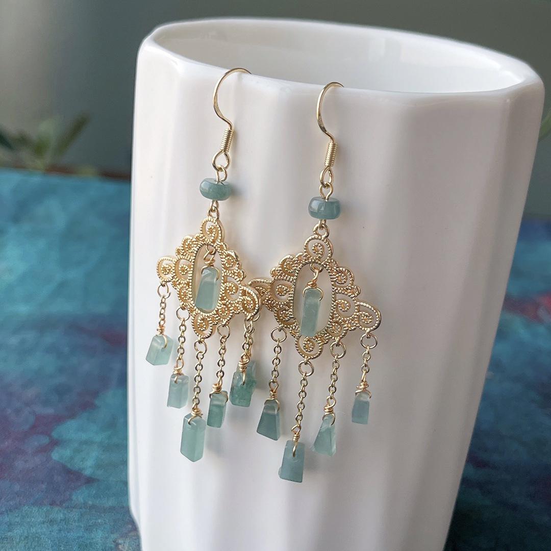 A-Grade Natural Jade Tassel Earrings with 14K Gold Plated Hooks - Chinese Style