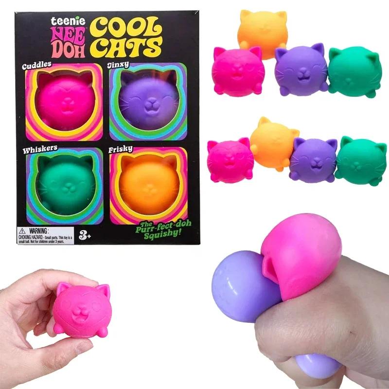 Favorite Toy Needoh 4 Pack Teenie Cool Cats Squishies Reliever Soft Squeeze Toys Anxiety Non-Toxic Tpr Fidget Toys For Adhd And Autism Gift