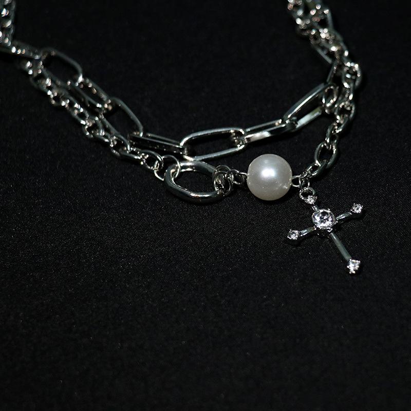 Tooxika Diamonds Cross Double Stacked Band Necklace Women Cold Wind Necklace Fashion Collarbone Chain