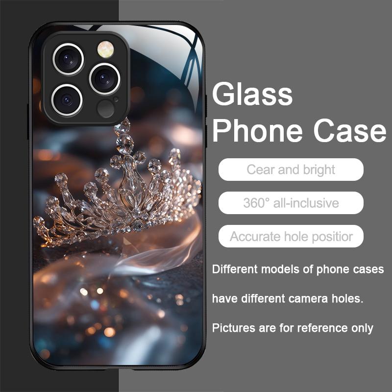 Luxus Kronen Schmuck Blumenmuster Gehärtetes Glas Handyhülle für IPhone 17 16 Pro Max 15 14 13 12 Mini 11 X XS 7 8 14Plus Hülle