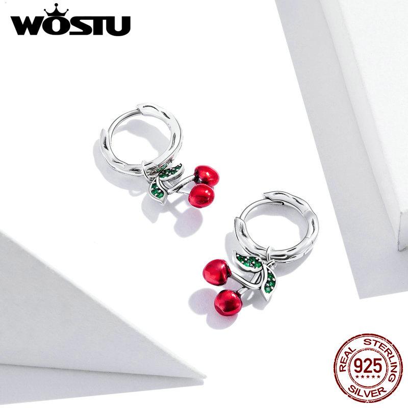 WOSTU 925 Sterling Silver Red Cherry Drop Dangle Earrings For Women Wedding Hoops Earrings Women Fine Jewelry GIft2