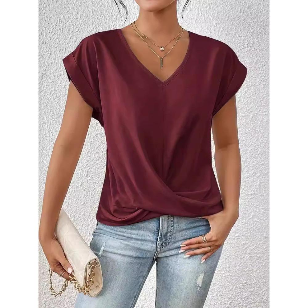 

New Sexy V-neck Short-sleeved Blouse Office Ladies Spring and Summer Casual Loose White T-shirt for T-shirt S