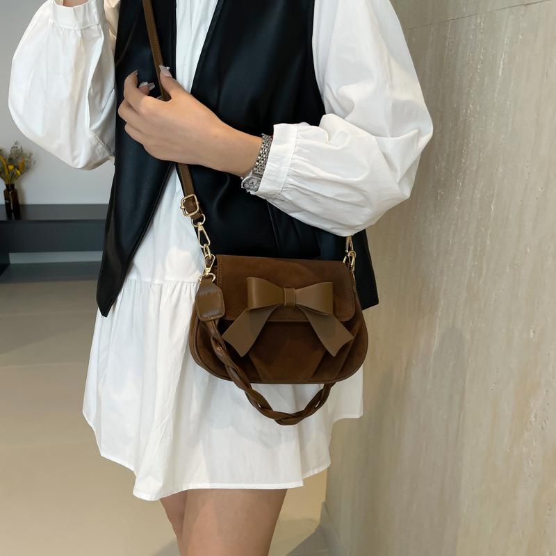 Bow Solid Color Saddle Bag Women's New Autumn and Winter Retro Fashion Casual Simple Twist Shoulder Strap Messenger Bag