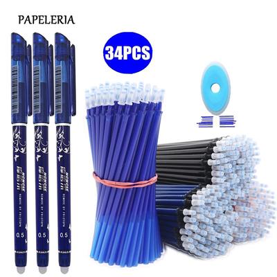 34Pcs/lote Conjunto de recarga de caneta apagável Alça lavável 0,5 mm Azul Preto Tinta Gel Canetas de escrita Material escolar de escritório Papelaria Caneta
