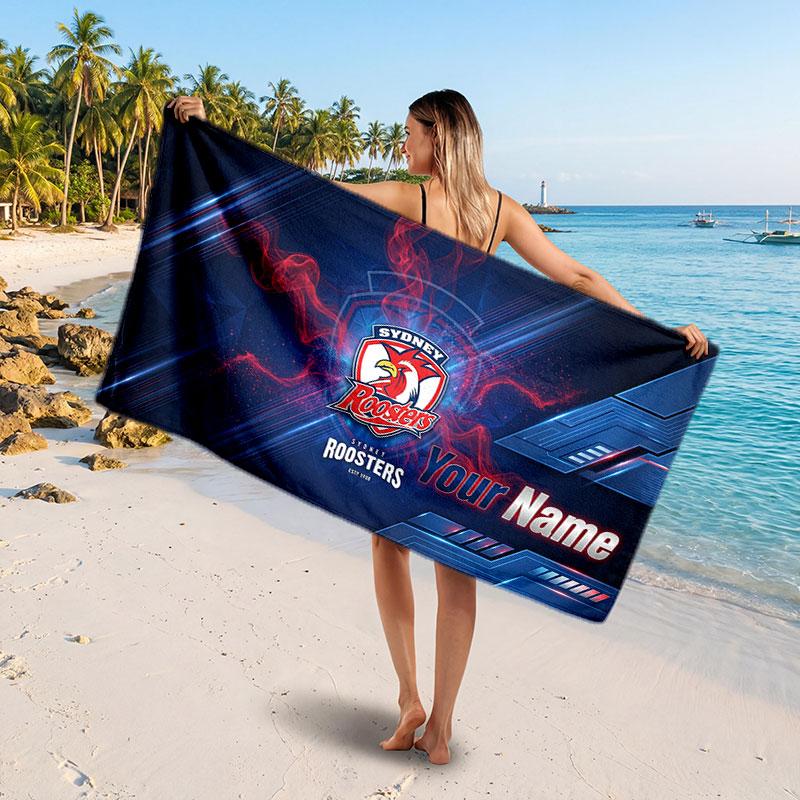Sydney Roosters Customized Name Text Beach Towel, Soft Absorbent Towel Beach Pool Travel Personal Gift