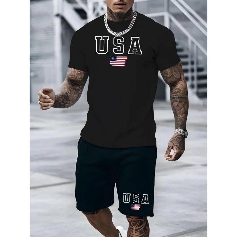 

Men s Short Sleeve and Shorts 2-piece Set Oversized USA Flag Print T Shirt for Men Quick-drying Breathable Elastic Waist Shorts S