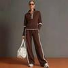Women Two Piece Tracksuit Set Half Zip Stand Collar Sweatshirt Drawstring Wide Leg Pants Contrast Stripe Casual Sportswear