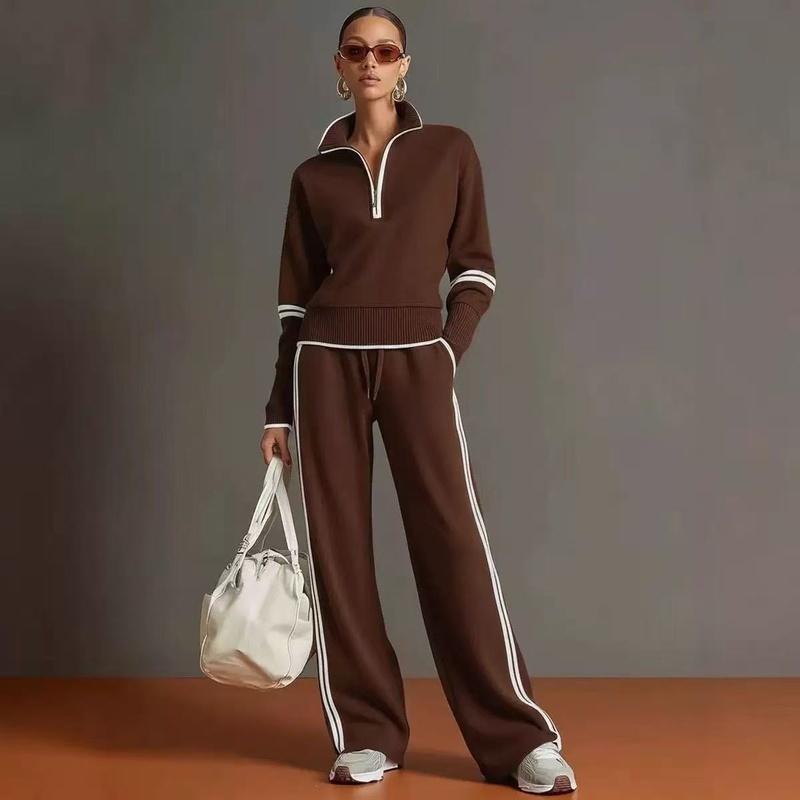 Women Two Piece Tracksuit Set Half Zip Stand Collar Sweatshirt Drawstring Wide Leg Pants Contrast Stripe Casual Sportswear
