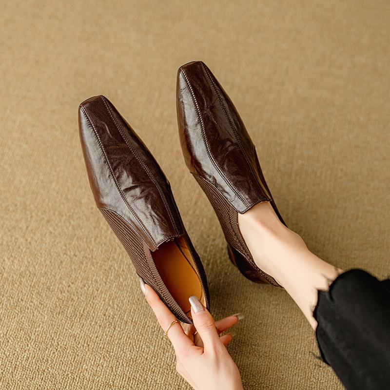 Fashion NEW Spring/Fall Women Loafers Genuine Leather Shoes for Women Square Toe Chunky Heel Shoes Retro Slip-on Women Pumps Black Shoes