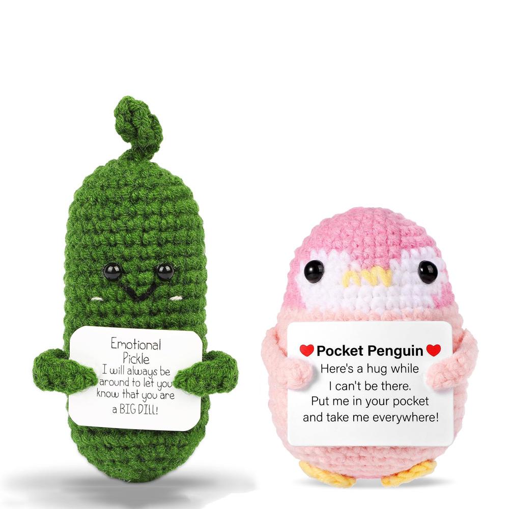 Handmade Emotional Support Pickle Crochet Funny Sour Cucumber Knitted Pickle with Positive Card Cheer up Gift Crochet Home Decor