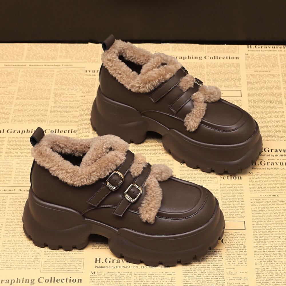 Fashion 8cm Thick-soled Loafers Women's Winter Plus Fleece Warm 2024 New All-match Inner Height-raising Small Leather Shoes