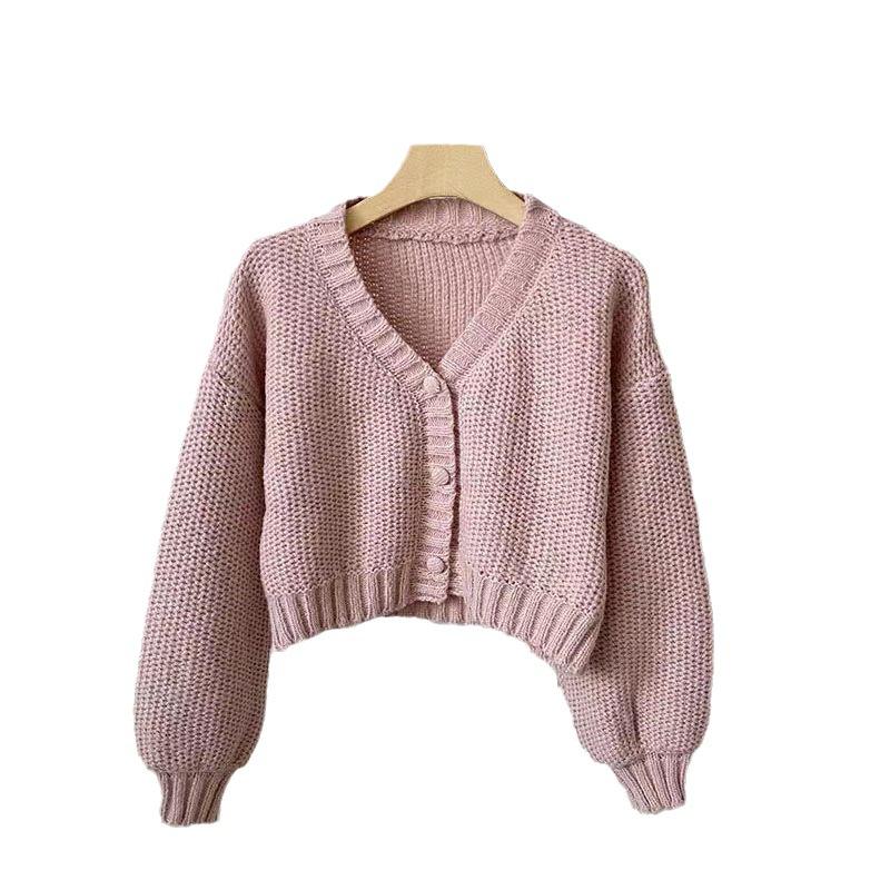Sexy Sweet Short Knitted Cardigan Sweet Korean V Neck Lantern Sleeve Sweaters for Women Fall Wild Simple Cropped Pink Cardigan Coat