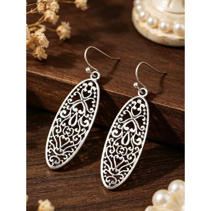 1 Pair Vintage Geometric Hollow Carved Alloy Long Luxury Earrings