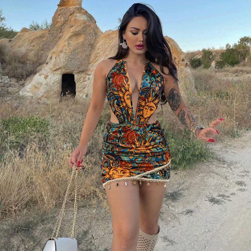 European and American Style 2026 Summer Amazon New Creative 3D Digital Print Deep V Sexy Hot Girl Halter Neck Dress