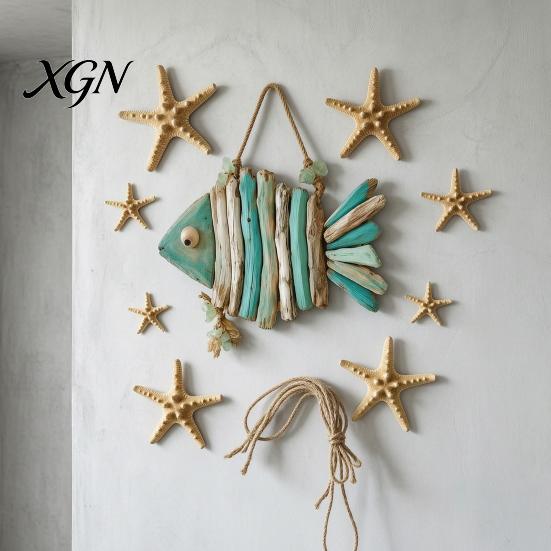 Housewarming Coastal Gifts Fish Handmade Wall Decor, Rustic Hanging Ornament with Sea Glass Nautical Ornaments Jute Rope, Bohemian Beach Style Art for