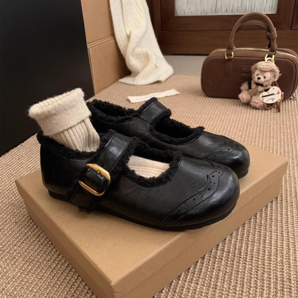 Retro sammets Birkenstocks dam höst och vinter varma fluffiga skor med Mary Jane skor bomullsskor