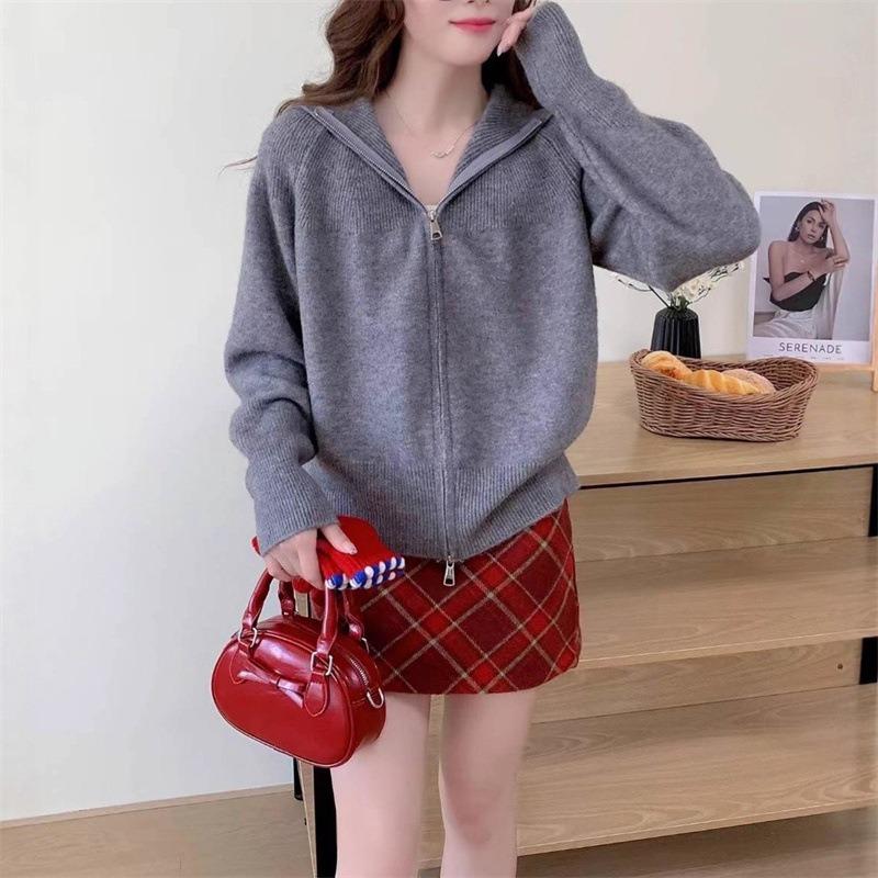 Double zipper hooded knitted sweater jacket women's autumn and winter new loose and thin retro casual versatile top