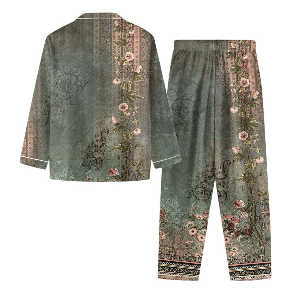 Women's Casual Fashion Vintage Print Long-Sleeved Top And Trousers Homewear Set
