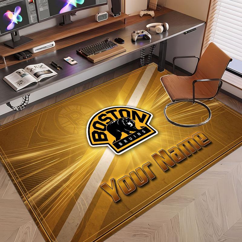 Custom Rug Boston Bruins Pattern Print Name Text Soft Non‑Slip Floor Carpet for Home Indoor Decoration