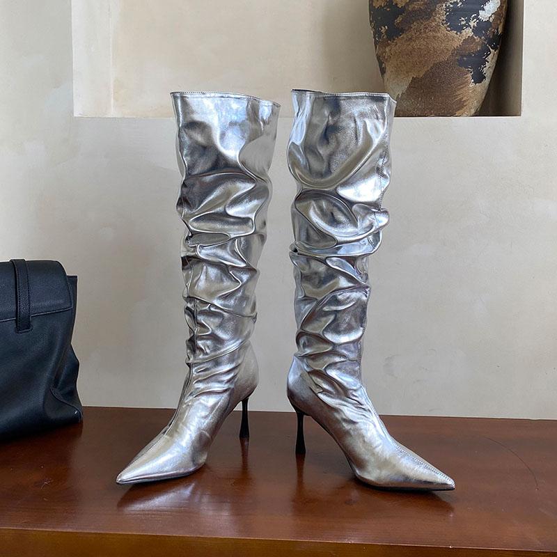 Mode Mode Plissierte Damen Kniehohe Stiefel mit Dünnen Absätzen Schuhe Spitzschuh Damen Moderne Stiefel Slipper Damenschuhe