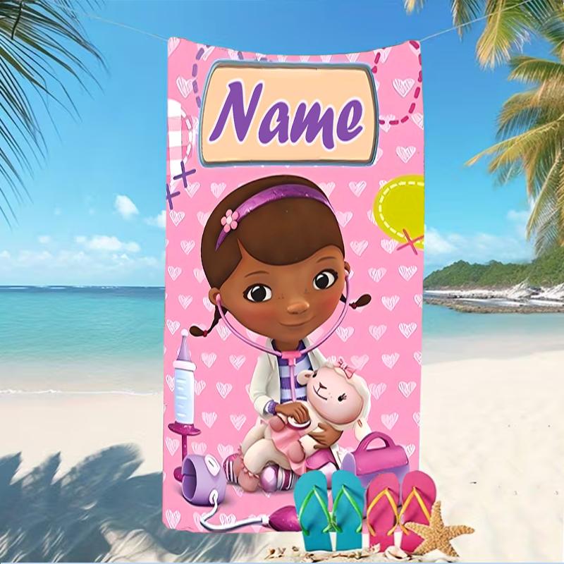 Customizable personalized beach towels Doc McStuffins themed designs.Suitable for the beach, yoga, sports;ideal as beach accessories