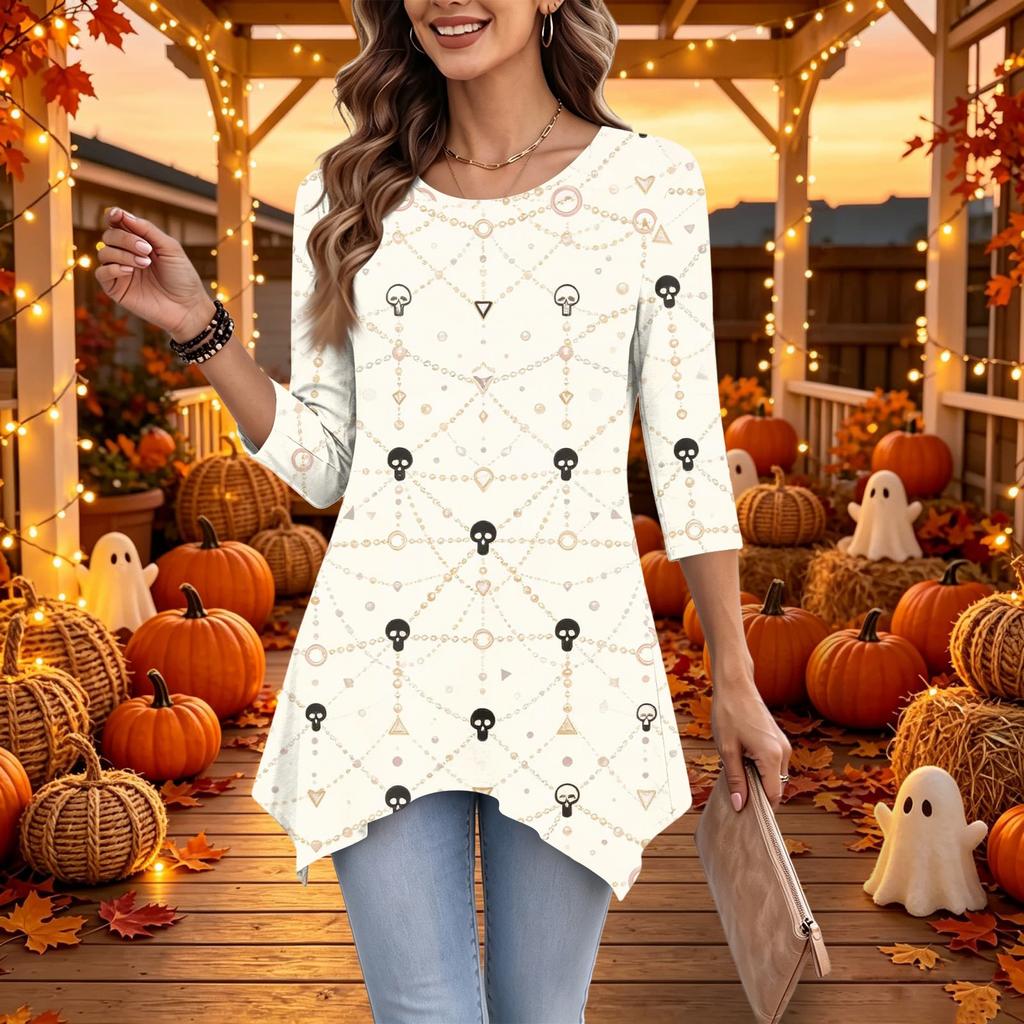 Women's Casual Halloween Print Top, Loose Fit Three-Quarter Sleeve