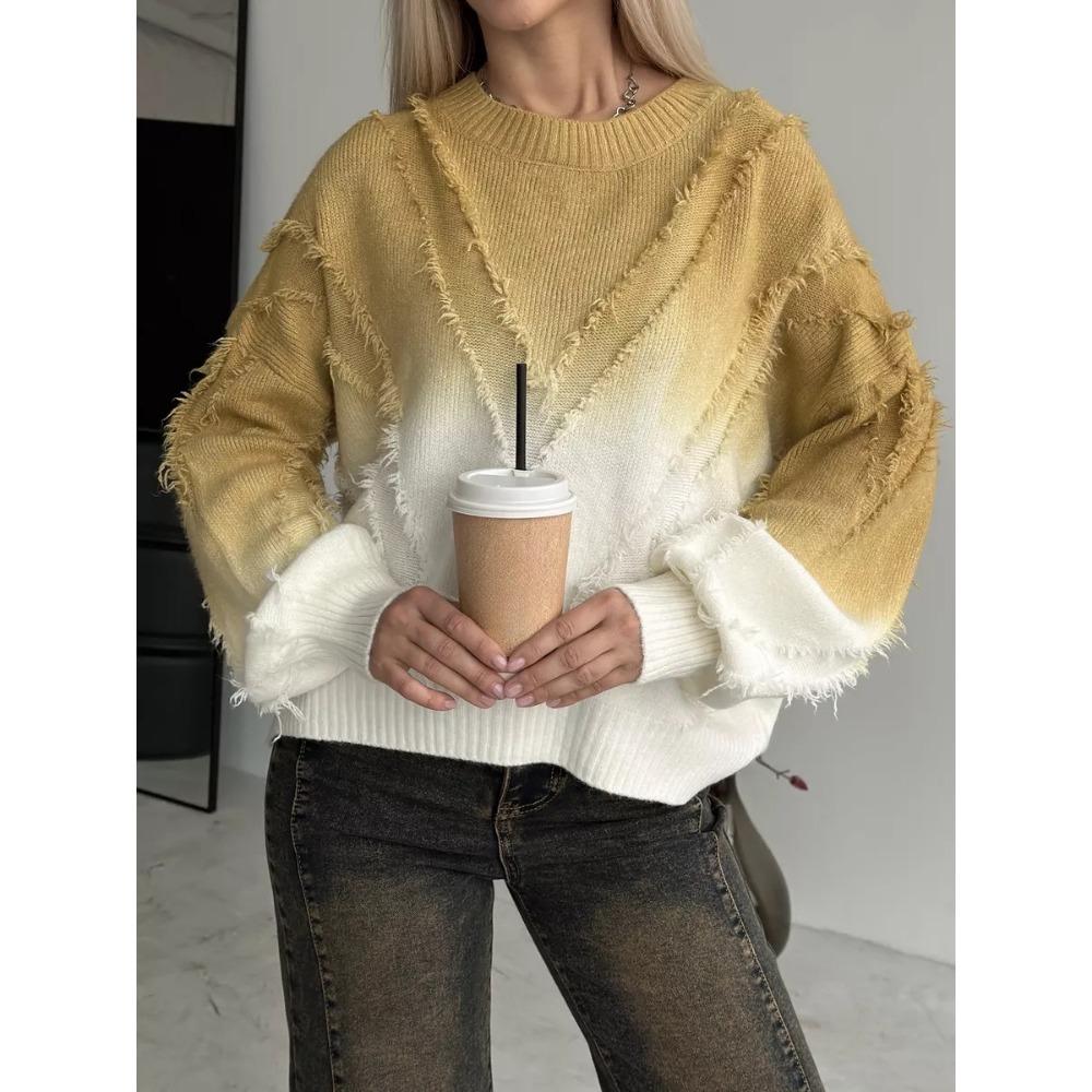 

Женский модный свитер с градиентной бахромой, элегантный свободный пуловер с длинным рукавом и круглым вырезом, уличная одежда на осень 2024 года S жёлтый