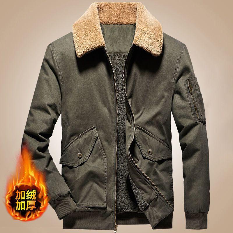 Men's Winter Fleece Lined Bomber Jacket - Thick Warm Zippered with Faux Shearling Collar and Pockets