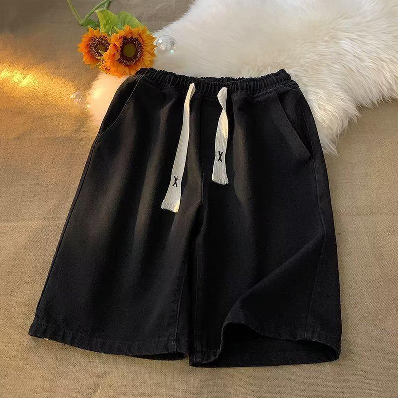 2024 Men's Chic Hong Kong Style Distressed Wide-Leg Denim Shorts with Elastic Waist