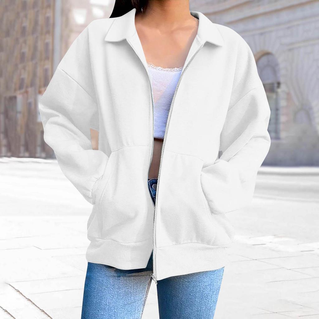 Women's  Fashion Zipper Hoodie Long Sleeve Hooded Pullover Sweatshirt Casual Solid Color Tops With Pockets